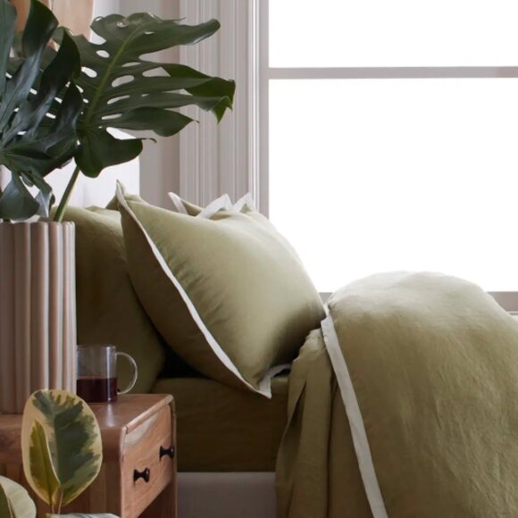 NEW Quince European Linen Contrast Flange Pillow Sham Set 2 Aloe Sand Dust Bag - Picture 3 of 7